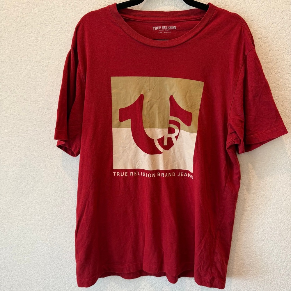 True Religion Mens Red Horseshoe Logo Graphic T-Shirt XL Short Sleeve Tee